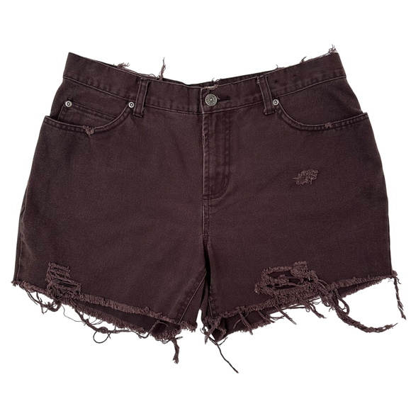 Y2K Faded Glory Denim Shorts Distressed‎ Ripped Raw Hem Chocolate Brown Size 32 - Picture 1 of 3